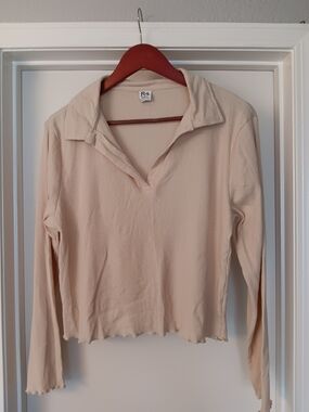 Fct Basics Ribbed Long-Sleeve Collared Top in Light Beige